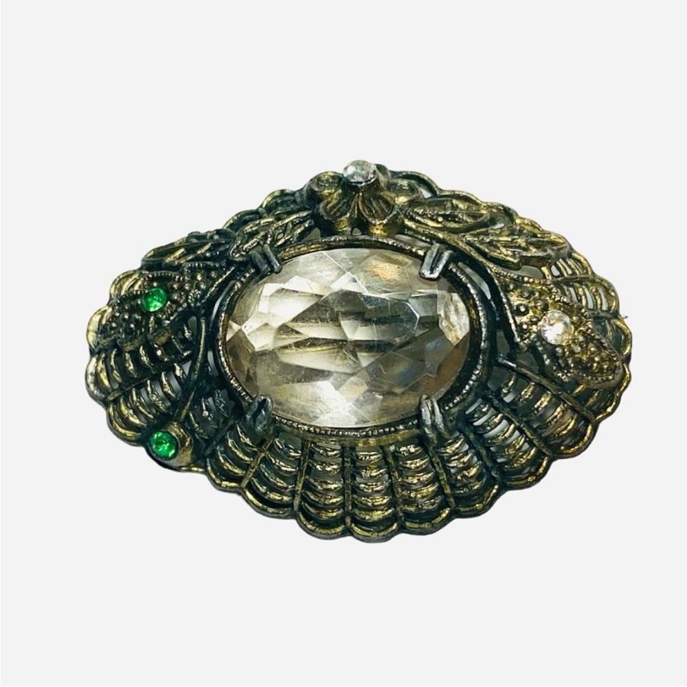 Old Silver Faceted Gemstone brooch Unique bold antique style Marked